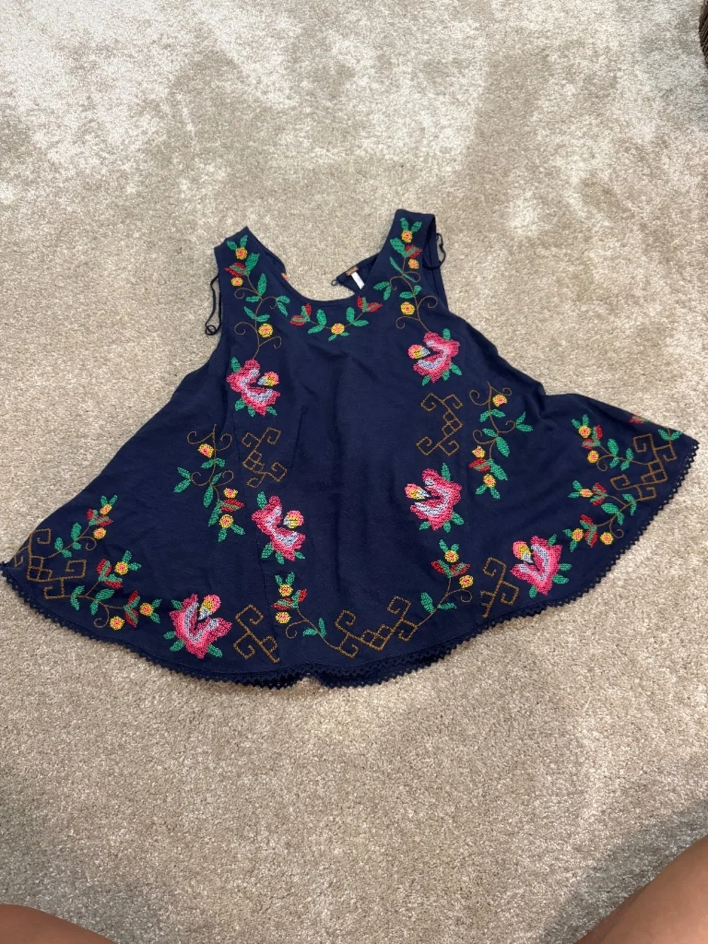 Free People Navy Floral Embroidered Tank Top